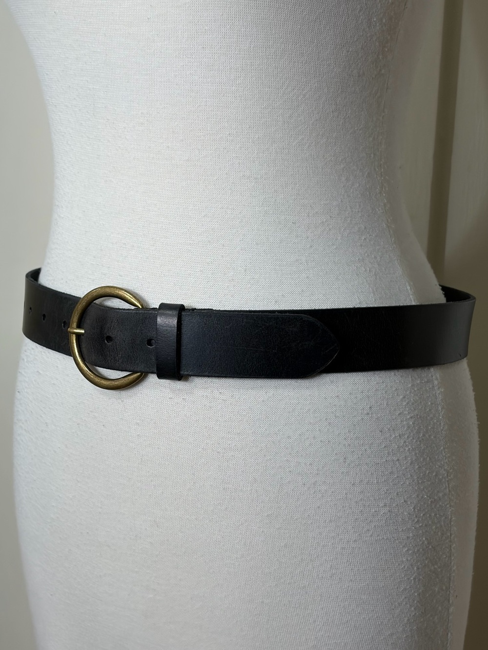 Frye Black Leather Belt with Brass Circle Buckle S